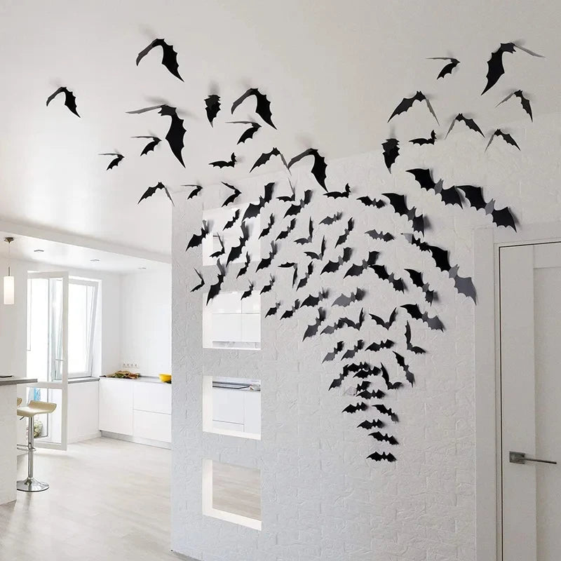 Halloween 3D Black PVC Bat Spider Wall Sticker DIY Scary Party Decor Props for Bar Room Wall Window Party Halloween Scary Props