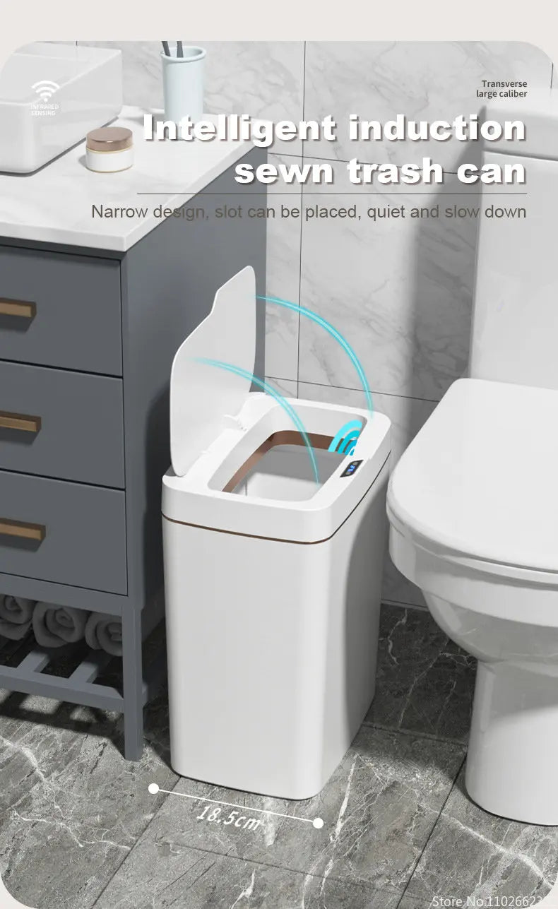15L Smart Bathroom Trash Can Automatic Bagging Electronic Trash Can White Touchless Narrow Smart Sensor Garbage Bin Smart Home