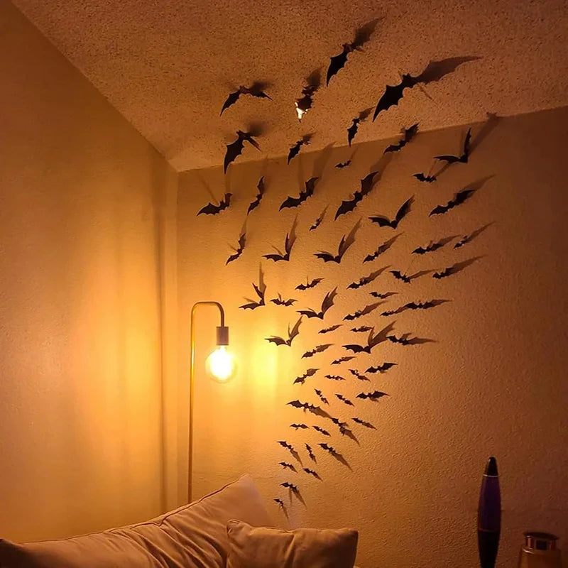 Halloween 3D Black PVC Bat Spider Wall Sticker DIY Scary Party Decor Props for Bar Room Wall Window Party Halloween Scary Props